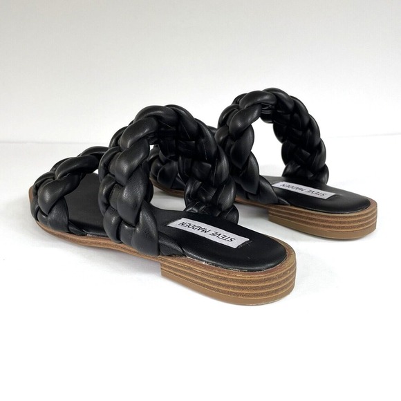 Steve Madden Black Braided Open Toe Slides Flats Sandals Vegan Faux Leather - Picture 7 of 16